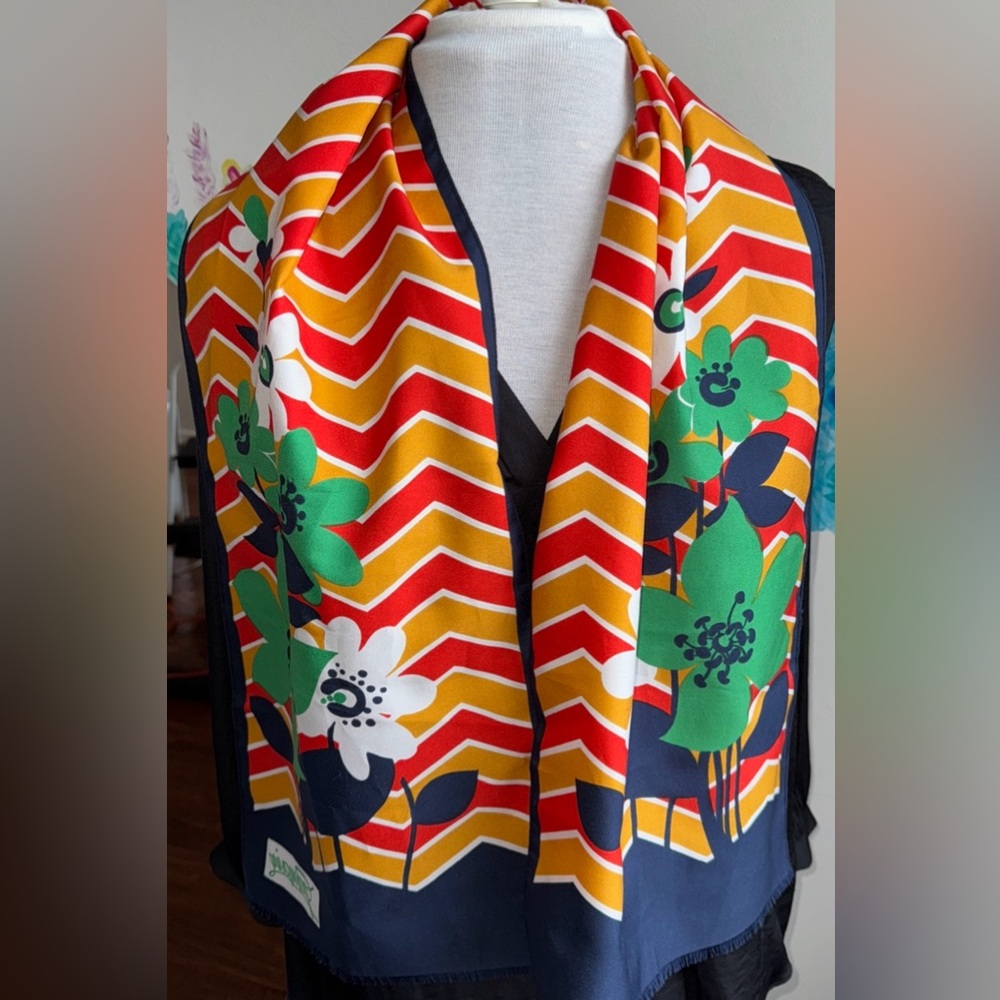 Vintage Germain Scarf McM Modern Zigzag Flowers Blue Orange Red White 11x54
